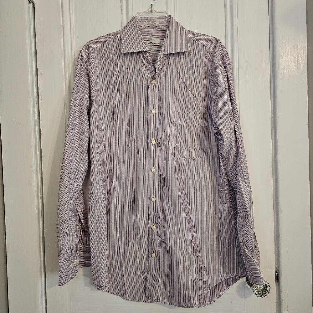 Peter Millar Men's Medium 100% Cotton Pink Blue Pinstripe Dress Shirt Career EUC